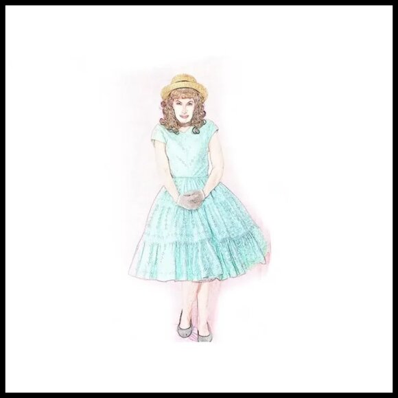 Vintage Rockabilly Dress Fit & Flare Aqua Cotton Eyelet 50s New Look VFG - Picture 7 of 16